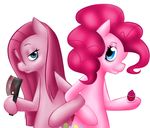  blue_eyes cleaver cupcake cutie_mark duo equine female feral friendship_is_magic fur hair horse mammal mrfatcakes my_little_pony pink_fur pink_hair pinkamena_(mlp) pinkie_pie_(mlp) plain_background pony square_crossover white_background 