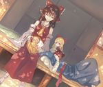  alice_margatroid ascot blonde_hair blue_dress blue_eyes book bow brown_hair closed_eyes dappled_sunlight detached_sleeves dress dutch_angle grimoire grimoire_of_alice hair_bow hair_tubes hairband hakurei_reimu hand_on_head hand_on_own_chest kaoru_(alicemakoto) lap_pillow lolita_hairband long_sleeves lying multiple_girls on_back on_lap open_door red_dress sash shanghai_doll shirt sitting smile sunlight tatami touhou tree_shade veranda wide_sleeves yuri 