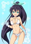  :d antenna_hair bare_shoulders bikini black_hair bow breasts choker cleavage contrapposto cowboy_shot earrings fang ganaha_hibiki gloves green_eyes hair_bow high_ponytail hoop_earrings ichi_makoto idolmaster idolmaster_(classic) jewelry long_hair looking_at_viewer medium_breasts navel necklace o-ring o-ring_bottom o-ring_top open_mouth ponytail shiny shiny_skin smile solo standing swimsuit very_long_hair waving wide_ponytail 