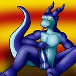  digimon dragon gradient_background green_eyes horn incendramon kaeko male multi-colored_penis nude penis pikuna ribbed_cock ribbed_penis solo tongue tongue_out 