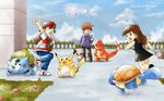  2boys aonik baseball_cap black_hair blue_(pokemon) blue_eyes brown_hair bulbasaur charmander cloud day dress eevee english flower gen_1_pokemon gloves hand_on_hip hat jewelry leg_up legendary_pokemon looking_back mew multiple_boys necklace official_style ookido_green open_mouth outdoors pikachu pixelated poke_ball pokemon pokemon_(creature) pokemon_(game) pokemon_rgby red_(pokemon) red_(pokemon_rgby) red_eyes running sky smile squirtle standing sugimori_ken_(style) waving 