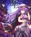  ass black_legwear blush book bracelet breasts cape crescent fingerless_gloves gloves hat jewelry large_breasts leotard library long_hair open_mouth pantyhose patchouli_knowledge purple_eyes purple_hair shiny shiny_clothes shiny_skin solo sumapan touhou 