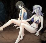  barefoot bikini black_hair breasts brown_eyes cleavage collarbone competition_swimsuit cryska_barchenowa eye_contact game_cg groin hair_ribbon hammer_and_sickle highres large_breasts long_hair looking_at_another multiple_girls muvluv muvluv_alternative muvluv_total_eclipse navel official_art one-piece_swimsuit outdoors ribbon short_hair side-tie_bikini sideboob silver_hair sitting swimsuit takamura_yui very_long_hair white_ribbon 