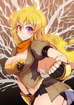  blonde_hair breasts cleavage fingerless_gloves gloves grin heterochromia kusanagi_tonbo large_breasts long_hair looking_at_viewer messy_hair pink_eyes purple_eyes rwby smile solo yang_xiao_long 