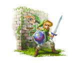  artist_request blonde_hair blue_eyes boots brick_wall fighting_stance graffiti holding holding_sword holding_weapon left-handed link male_focus master_sword official_art pantyhose pointy_ears shield solo sword the_legend_of_zelda the_legend_of_zelda:_a_link_between_worlds tunic weapon white_legwear 