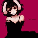  1girl alternate_costume animal_ears black_hair bow bunny_ears bust character_name head_tilt inaba_tewi lace messy_hair pink_hair red_eyes shirousagi_una short_hair simple_background smile solo strap_slip touhou upper_body 