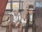  animal cat cigarette crossover cup eating ginko green_eyes hair_over_one_eye hat hershel_layton jacket mouth_hold multiple_boys mushishi natsume_yuujinchou non-web_source nyanko panties_(pantsu-pirate) professor_layton shirt short_hair silver_hair sitting smile teacup top_hat white_hair 