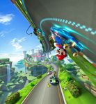  3d banana_peel bowser car castle gloves hat highres luigi mario mario_(series) mario_kart mario_kart_8 motor_vehicle nintendo official_art overalls princess_peach racing scenery super_mario_bros. toad toad_(mario) vehicle water waterfall yoshi 