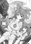  alternate_costume apron artist_request book bow cape child feathers greyscale hair_bow highres kaenbyou_rin kokuu_haruto long_hair midriff monochrome mother_and_daughter multiple_girls non-web_source original reiuji_utsuho smile third_eye touhou wings younger 