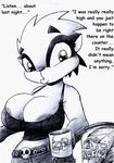  big_breasts black_and_white breasts cleavage clothed clothing drake_fenwick english_text eyewear female hair hat huge_breasts looking_at_viewer mammal monochrome monocle mustelid nipples pickles short_hair text top_hat 