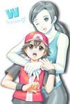  1girl baseball_cap black_hair blue_eyes breasts brown_hair hat height_difference hood hoodie hug hug_from_behind long_hair looking_at_viewer medium_breasts midriff namesake one_eye_closed pokemon ponytail raishi_tsuwabuki red_(pokemon) red_(pokemon_frlg) smile spandex super_smash_bros. tank_top white_skin wii_fit wii_fit_trainer wristband 