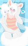  &lt;3 abstract_background antennae blue_eyes blush clothed clothing eyewear fur glasses grey_fur hair hug kammymau male one_eye_closed pink_nose short_hair smile thighs unknown_species white_fur white_hair wings 