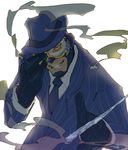  22_(tak_ja) bad_id bad_pixiv_id blue_eyes cigarette fancy_fedora fedora formal gloves grin hat icicle le_party_phantom looking_at_viewer male_focus mask necktie simple_background smile smoke solo spy-cicle suit team_fortress_2 the_spy weapon white_background 