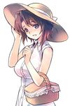  basket blue_eyes breasts brown_hair dress hand_on_headwear hat hat_ribbon large_breasts picnic_basket ribbon shannon smile sun_hat sundress umineko_no_naku_koro_ni wanko_(takohati8) white_dress 