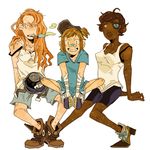  3girls bad_id bad_pixiv_id bandaged_arm bandaged_hands bandages bike_shorts bra breasts brown_hair card cigar dark_skin eyepatch genderswap genderswap_(mtf) grin hat heart lips long_hair medium_breasts mouth_hold multiple_girls orange_hair playing_card short_hair simple_background sitting smile smoke smoking soldier's_stash strap_slip team_fortress_2 the_demoman the_scout the_soldier underwear 