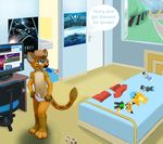  anthro bed bedroom blue_eyes computer cub cute english_text erection feline fluffy fur gay hair jamesfoxbr lion male mammal nude penis plushie poster rain solo text young 