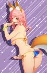  1girl absurdres animal_ear_fluff animal_ears ass back bangle bangs bikini blue_bikini bracelet breasts butt_crack darkmuleth dimples_of_venus eyebrows_visible_through_hair fate/grand_order fate_(series) fox_ears fox_tail from_behind hand_to_own_mouth hat highres jewelry large_breasts looking_at_viewer looking_back naughty_face open_mouth pink_hair scrunchie side-tie_bikini skindentation smile solo star straw_hat sun_hat swimsuit tail tamamo_(fate)_(all) tamamo_no_mae_(swimsuit_lancer)_(fate) underboob wrist_scrunchie yellow_eyes 