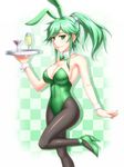  animal_ears bow bowtie breasts bunny_ears bunnysuit cherry cleavage detached_collar drink duel_monster food fruit goblet green_eyes green_footwear green_hair green_leotard high_heels large_breasts leotard long_hair pantyhose pataniito ponytail shoes smile solo tray winda_priestess_of_gusto wrist_cuffs yuu-gi-ou yuu-gi-ou_duel_monsters 