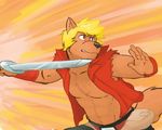  5_fingers anthro bandage black_nose blade blonde_hair canine clenched_teeth fanny_pack fur genchi hair hero jaryl_(character) male mammal nipples red_eyes scar sword teeth weapon wolf 
