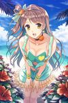  beach blue_sky bow breasts brown_hair choker cleavage cloud collarbone day earrings flower hair_bow hands_on_thighs heart heart_earrings jewelry kichiroku layered_skirt leaning_forward long_hair looking_at_viewer love_live! love_live!_school_idol_project medium_breasts minami_kotori natsuiro_egao_de_1_2_jump! navel ocean open_mouth outdoors see-through short_shorts shorts sky solo suspenders wrist_cuffs yellow_eyes 