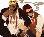  2boys bad_id bad_pixiv_id balaclava bottle cigarette crown cuffs dark_skin dark_skinned_male eyepatch facial_hair formal handcuffs mask multiple_boys necktie prince_tavish's_crown scottish_handshake simple_background sitting smoke smoking suit team_fortress_2 the_demoman the_spy undone_necktie white_background 