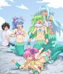  1boy 5girls :d abs armlock bandeau bangle bangs beer_can bikini black_hair blonde_hair blue_hair blush bracelet breast_press breasts can cleavage closed_eyes cloud collarbone conch dark_skin day drooling elbow_gloves fang front-tie_top fuji-san girl_on_top gloves green_eyes green_hair groin hair_between_eyes hair_intakes hair_ornament hair_stick headlock hii-chan horizon jewelry jiete levia-san long_hair looking_at_another looking_back lying medium_breasts mermaid monster_girl mukoujima_takurou multiple_girls muromi-san namiuchigiwa_no_muromi-san nautilus_(animal) navel necklace on_ground on_stomach open_mouth outdoors pants pink_bikini pink_eyes pink_hair ponytail purple_eyes red_bikini red_eyes saliva scales scallop seashell shell shell_hair_ornament shirt short_hair short_sleeves short_twintails signature sky small_breasts smile spiked_hair sumida-san sweatdrop swimsuit tan twintails white_gloves white_shirt wrestling wrist_grab 