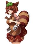  animal_ears bad_id bad_pixiv_id blush breasts brown_hair futatsuiwa_mamizou glasses kinakomoti large_breasts leaf leaf_on_head looking_at_viewer raccoon_ears raccoon_tail red_eyes short_hair skirt smile solo tail touhou 