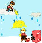  2boys angel_wings bad_id bad_pixiv_id cloud dispenser gloves goggles halo hardhat hat helmet male_focus multiple_boys overalls rain single_glove sunglasses team_fortress_2 the_engineer the_sniper toolbox umbrella watering_can wings 