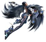  1girl 3d alternate_hair_length alternate_hairstyle ass bayonetta bayonetta_(character) bayonetta_2 black_hair glasses gun looking_back official_art quadruple_wielding short_hair simple_background solo weapon 