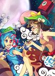  animal_ears backpack bad_id bad_pixiv_id bag blue_eyes blue_hair blush bottle breasts brown_eyes brown_hair chouchin_obake extra_arms full_moon futatsuiwa_mamizou gameplay_mechanics glasses grin hair_bobbles hair_ornament hat hopeless_masquerade kawashiro_nitori key kiseru lantern leaf mechanical_arms medium_breasts moon multiple_girls night open_mouth paper_lantern pince-nez pipe raccoon_ears raccoon_tail red-framed_eyewear short_hair skirt smile tail takezaka_tarou tongue touhou two_side_up 