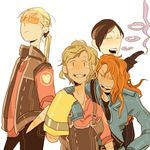  4girls blonde_hair brown_hair cigarette freckles genderswap genderswap_(mtf) gloves grin heart long_hair lowres multiple_girls open_mouth orange_hair overalls simple_background smile smoke smoke_ring smoking sunglasses team_fortress_2 the_engineer the_sniper the_soldier the_spy white_background 