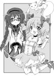  akemi_homura braid comic glasses gloves greyscale hair_ribbon hairband highres kaname_madoka kyubey long_hair mahou_shoujo_madoka_magica monochrome multiple_girls open_mouth oumi_neneha pantyhose ribbon skirt smile twin_braids twintails 