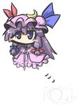  blush_stickers chibi crescent goma_(gomasamune) hair_ribbon hat implied_pantyshot long_hair patchouli_knowledge purple_eyes purple_hair ribbon smile solo touhou 