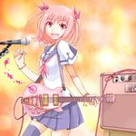  amplifier black_legwear electric_guitar fang guitar hair_ribbon instrument looking_at_viewer microphone open_mouth original pink_eyes pink_hair plectrum ribbon school_uniform serafuku short_hair skirt smile solo suzushiro_nazuna thighhighs twintails whammy_bar 