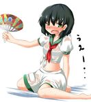  arm_support bad_id bad_pixiv_id barefoot bishamonten's_pagoda black_hair blush dress fan green_eyes looking_at_viewer midriff murasa_minamitsu navel neckerchief no_hat no_headwear open_mouth puffy_sleeves sailor_dress see-through shirt short_sleeves shorts sitting solo sweat tied_shirt touhou uneven_eyes wariza wet wet_clothes wet_shirt wet_shorts yamato_(muchuu_paradigm) 