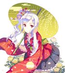  bad_id bad_pixiv_id egasumi flower furisode h2so4 hair_ornament hand_behind_head japanese_clothes kanzashi kimono long_hair moriah_saga obi oriental_umbrella petals red_eyes sash side_ponytail sidelocks skirt solo umbrella white_hair 