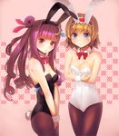  alice_margatroid animal_ears black_leotard blonde_hair blue_eyes bow bowtie breasts brown_legwear bunny_ears bunny_tail bunnysuit cleavage crescent crescent_hair_ornament culter detached_collar fake_animal_ears hair_ornament hairband leotard long_hair medium_breasts multiple_girls pantyhose patchouli_knowledge pink_background purple_eyes purple_hair ribbon short_hair small_breasts tail touhou wrist_cuffs 