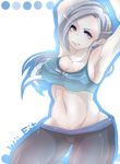 armpits arms_up bad_id bad_pixiv_id breasts cameltoe cleavage clothes_writing covered_nipples cowboy_shot eyelashes grey_eyes grey_hair highres junior_(namatamemisa) large_breasts long_hair midriff navel ponytail sideboob solo spandex stretch tank_top taut_clothes toned white_skin wii_fit wii_fit_trainer 
