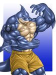  abs anthro biceps big_muscles blue_background blue_skin body_markings bodybuilder brown_skin clothing dorsal_fin echin fangs fin fish flexing grin hazardbarzard looking_at_viewer male marine markings muscles pecs plain_background pose red_eyes samemaru_(hazardbarzard) scales shark shorts smile smirk solo standing tattoo teeth toned topless vein white_background 