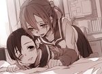  abec bed blush hand_on_another's_cheek hand_on_another's_face monochrome multiple_girls murata-san one_eye_closed original school_uniform serafuku umezu-san yuri 