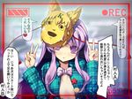  blush breasts check_translation chima_q circle double_v hata_no_kokoro large_breasts long_hair long_sleeves looking_at_viewer mask new_mask_of_hope open_clothes open_shirt plaid plaid_shirt plaid_skirt purple_eyes purple_hair recording shirt skirt solo star touhou translated translation_request v viewfinder 