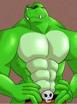  anthro belt biceps big_muscles brown_background clothing crocodile donkey_kong_(series) donkey_kong_country eye_patch eyewear fangs grin klubba kremling lift_nail_(pixiv) male muscles nintendo pants pecs plain_background pose reptile scales scalie shorts skull smile solo standing teeth toned topless video_games 