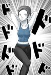  1girl armpits arms_behind_head artist_request emphasis_lines grey_eyes grey_hair highres leggings midriff pale_skin ponytail simple_background solo sports_bra super_smash_bros. trainer_(wii_fit) wii_fit wii_fit_trainer 