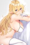  1girl anza_tomo armpits bangs bare_shoulders blonde_hair blue_eyes blurry blush bottomless breasts cleavage commentary_request elf gloves hair_between_eyes head_tilt highres large_breasts long_hair looking_at_viewer looking_to_the_side original parted_lips pointy_ears sidelocks sitting smile solo thighhighs thighs wariza white_bikini_top white_gloves white_legwear 