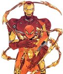  2boys armor bad_id bad_pixiv_id character_request hug iron_man iron_spider_armor male_focus marvel multiple_boys peter_parker power_armor power_suit science_fiction sexually_suggestive simple_background spider-man spider-man_(series) tony_stark white_background yaoi zentai 