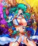  alternate_costume arm_ribbon autumn_leaves bikini_top black_gloves bow_(weapon) breasts cleavage covered_nipples detached_sleeves dragon fingerless_gloves frog_hair_ornament gauntlets gloves gourd green_eyes green_hair hair_ornament john_r kochiya_sanae large_breasts loincloth long_hair long_sleeves midriff navel_piercing open_mouth piercing revealing_clothes ribbon showgirl_skirt snake_hair_ornament solo spell_card sword touhou weapon 