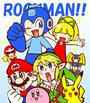  5boys blonde_hair blue_eyes blues_(rockman) crossover facial_hair forte_(rockman) gen_1_pokemon gloves hanasaki_(1470267) hat helmet kirby kirby_(series) link long_hair mario mario_(series) multiple_boys mustache one_eye_closed pikachu pointy_ears pokemon pokemon_(creature) rockman rockman_(character) roll scarf smile super_mario_bros. super_smash_bros. the_legend_of_zelda 