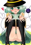  ass black_legwear blush eyeball green_eyes green_hair han_(jackpot) hat hat_ribbon heart heart_of_string holding holding_panties komeiji_koishi open_mouth outstretched_arms outstretched_hand panties panties_removed presenting_panties pussy ribbon short_hair skirt smile solo thighhighs third_eye touhou uncensored underwear 