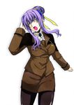  bolo_tie hagane_soushi hair_ornament hair_ribbon hair_up long_hair lyrical_nanoha mahou_shoujo_lyrical_nanoha_strikers military military_uniform numbers_(nanoha) open_mouth pantyhose pencil_skirt purple_hair ribbon skirt solo tsab_ground_military_uniform uniform uno_(nanoha) yellow_eyes 