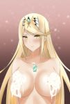  1girl bangs blonde_hair blush breasts commentary earrings gem hair_ornament headpiece highres hikari_(xenoblade_2) jewelry large_breasts liquid long_hair looking_at_viewer mebi_(mebieru) milk nintendo nude solo staring swept_bangs tiara valentine very_long_hair wet_face xenoblade_(series) xenoblade_2 yellow_eyes 